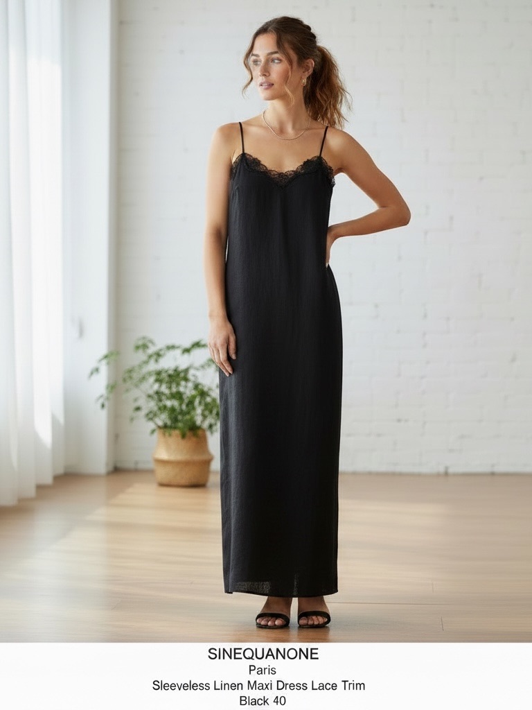 Sinequanone Paris Sleeveless Linen Maxi Dress Lace Trim Black 40